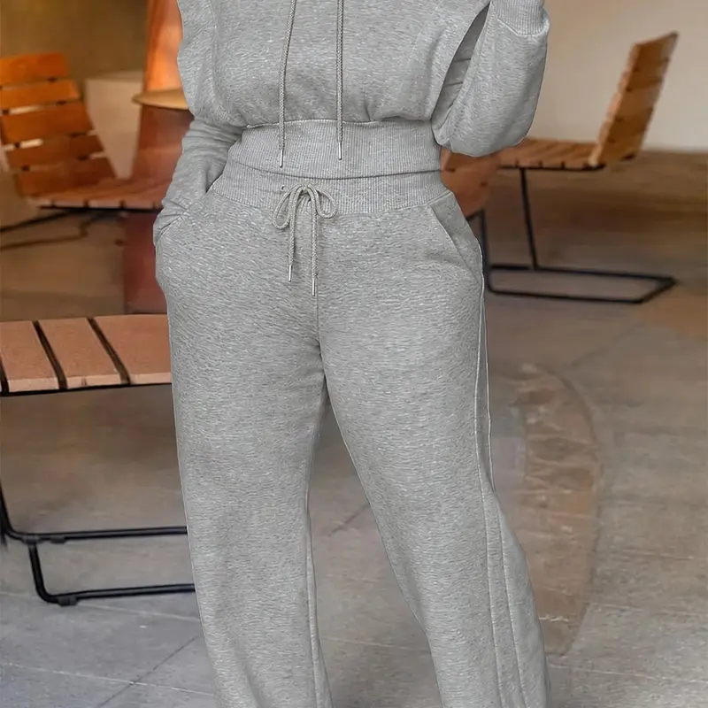 2-Piece Set Hooded Long Sleeve Top + Wide Leg Pants, Casual Street Fashion Women's Fit, Daily Wear, Trendy Female Clothing