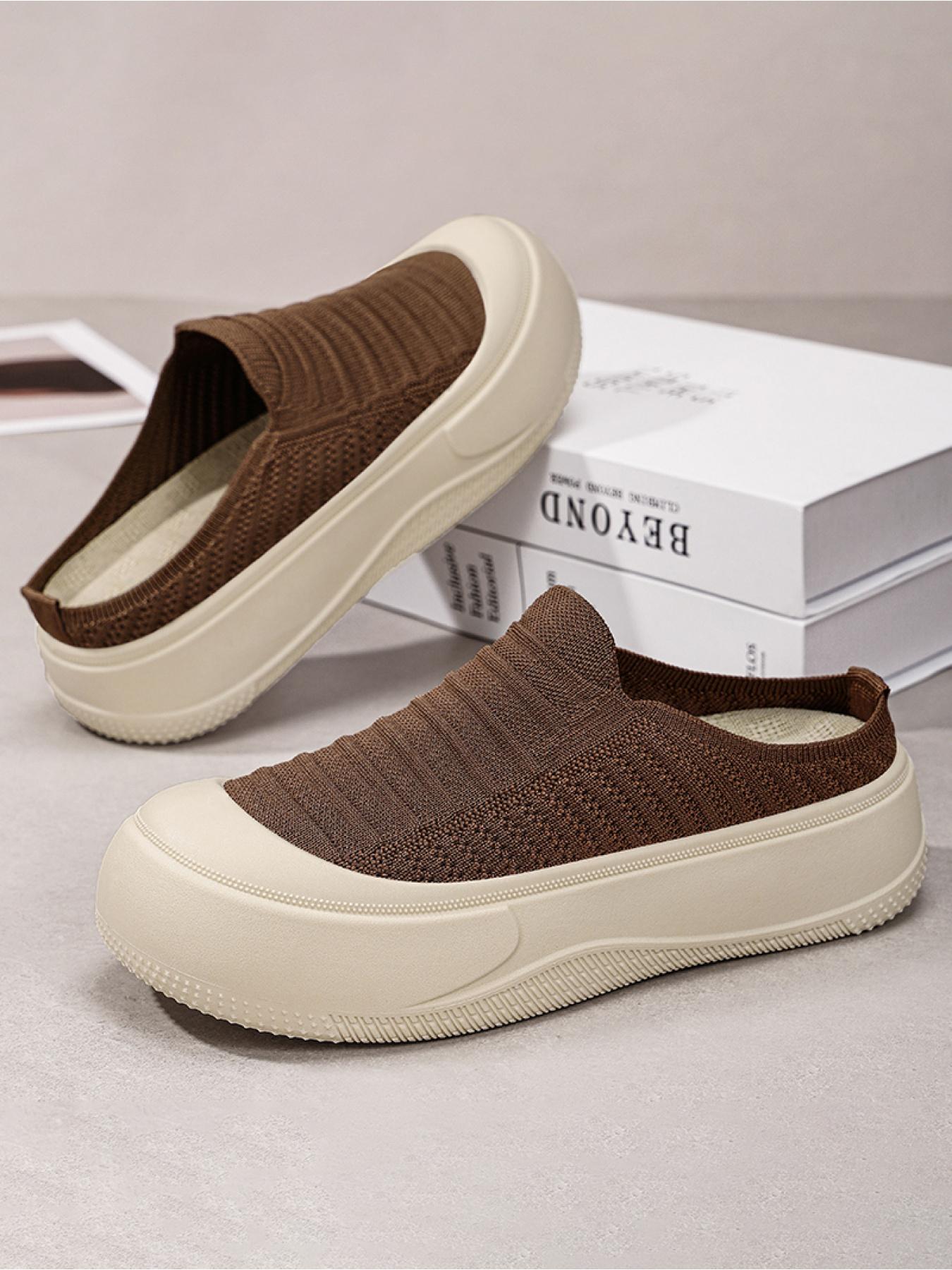 YYW1 Women's Slip-On Casual Trainers, Breathable Flyknit Textile Shoes, Thick Sole, Lightweight PVC Plain Shoes for Daily Commute, Indoor-Outdoor Wear