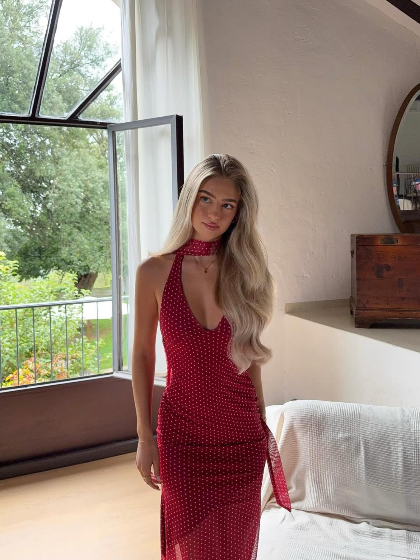 Pure Color Polka Dot Halter Deep V Neck Slim Fit Sexy Formal Party Dress, Stylish Women's Evening Gown, Perfect for Night Out Events