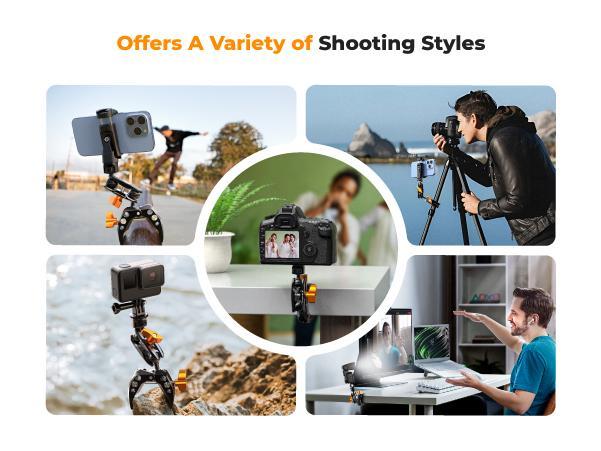 【K&F CONCEPT】Camera Clamp Mount, Super Clamp Mount Magic Arm with Two 360° Ball Heads, 1/4" Screw Threads for ARRI Compatible with DSLR, Action Camera, Tripod, Phone for Gopro/Insta360