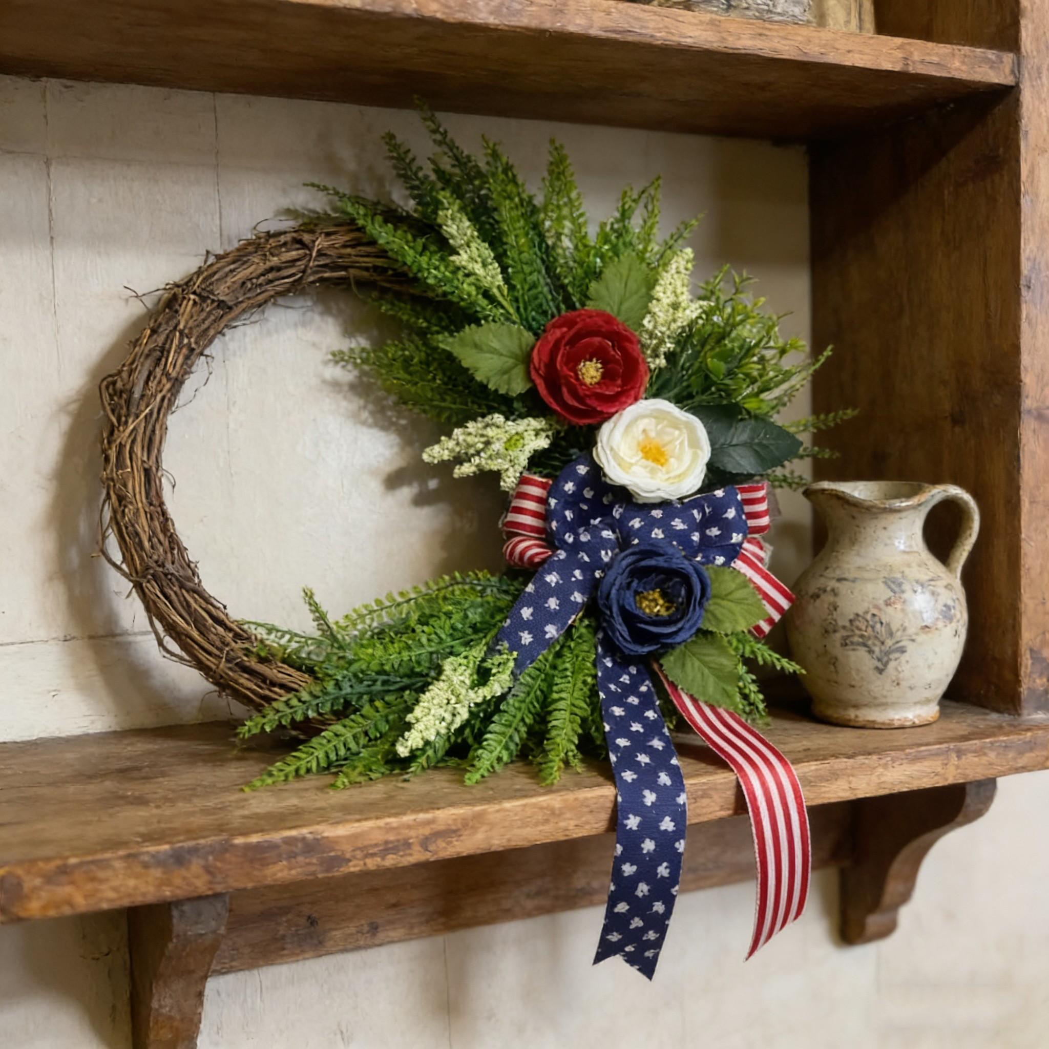 Elegant Patriotic Wreath Decor, Blue Floral Design with American Flag Bow, Memorial Day and Veterans Day Porch Decoration