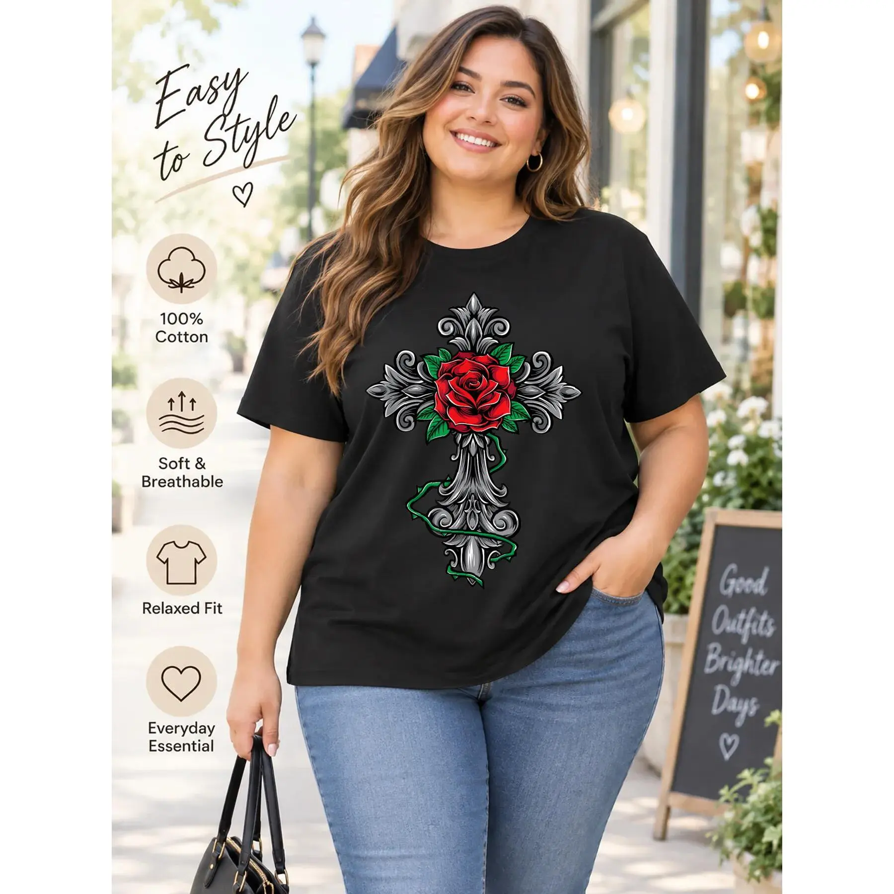 Women’s Plus Size Cotton Crew Neck Short Sleeve Tee - Cross with Rose Graphic, Breathable Soft Fabric, Casual Relaxed Fit Everyday Style Tshirt