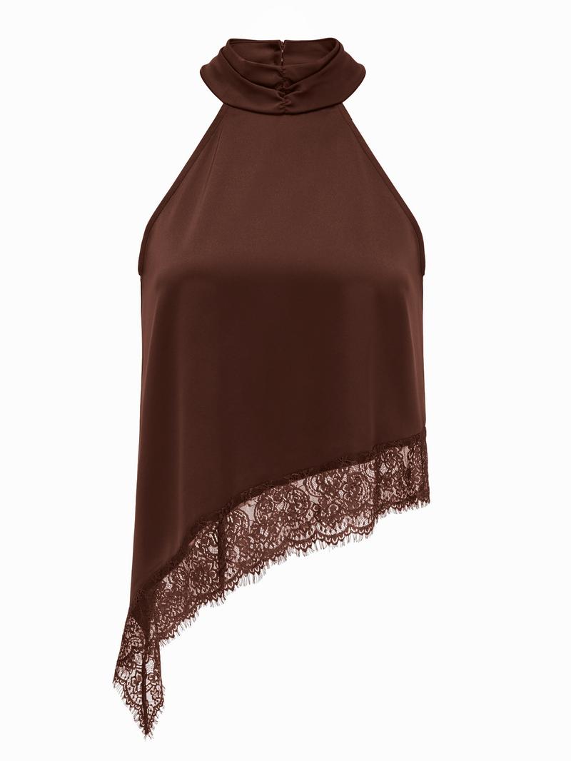 Elegant Asymmetric High Neck Satin Halter Top with Lace Trim, Sleeveless Design for Evening Parties and Formal Occasions