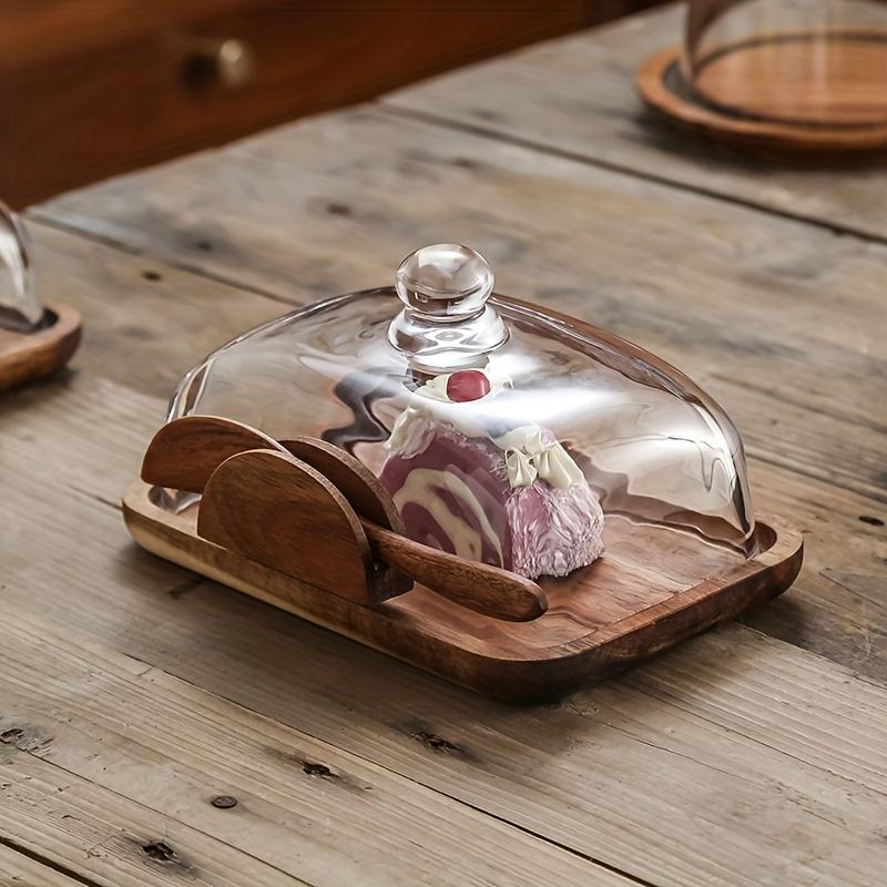 A Wooden Butter Dish with a Glass Lid And Wooden Knife, Suitable for Butter, Cheese, And Snacks - a High-Quality Essential for Kitchen Baking, Featuring a Covered Butter Dish, a Snack Serving Tray, Elegant Table Decor, And Durable Kitchenware