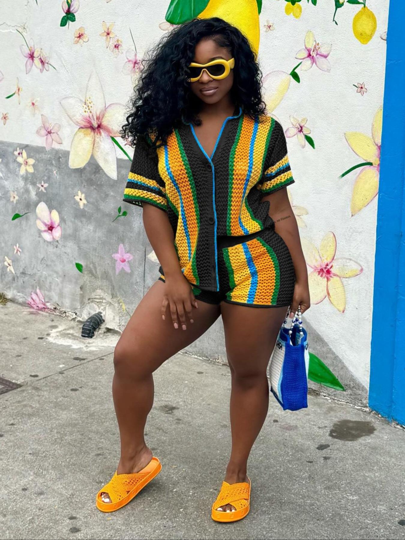 Women's Striped Print Crop Knit Top & Shorts Two-Piece Set, Casual Fashion Cozy Knitwear Set for Daily Outdoor Wear, Ladies Clothes for Summer, Cute Summer Outfit