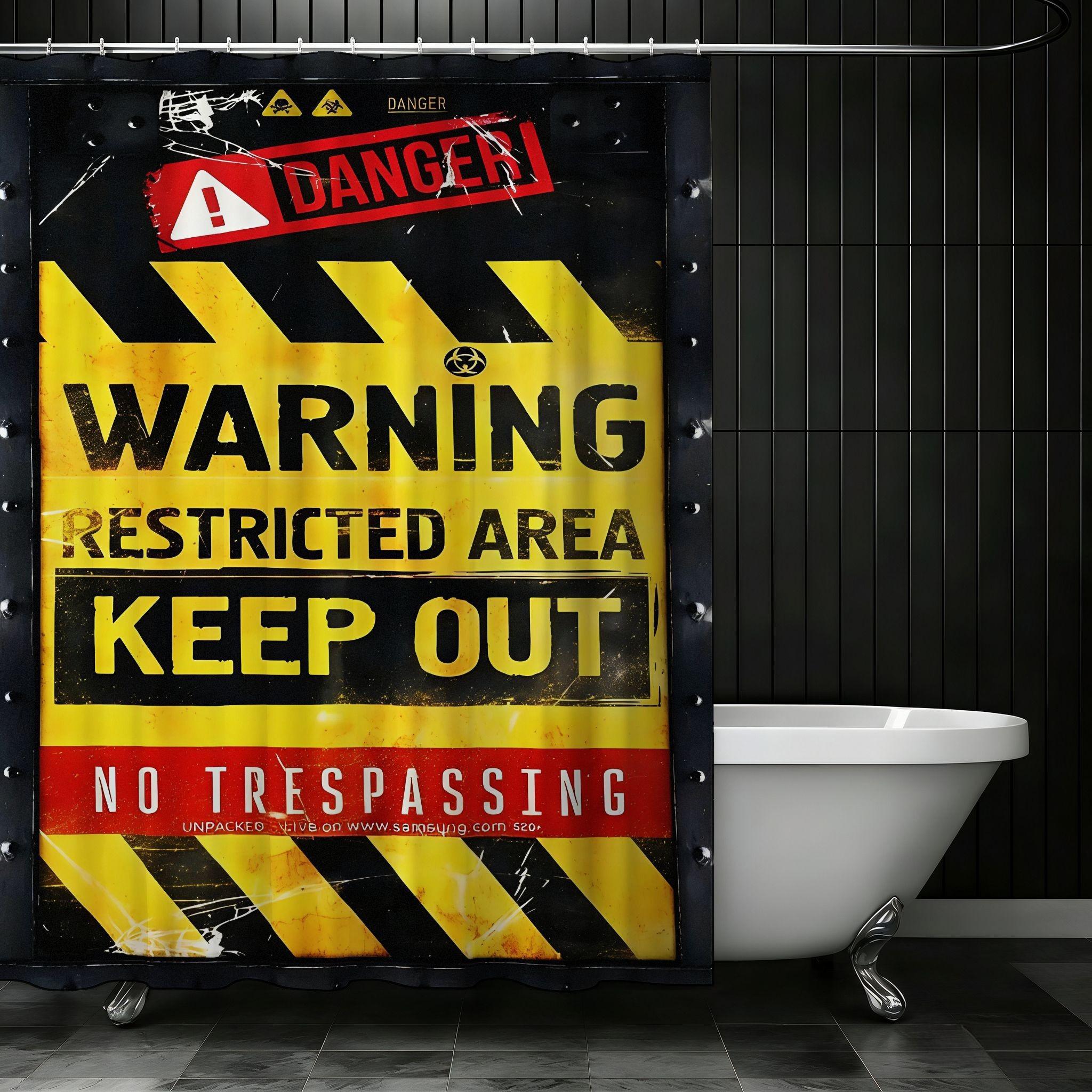 Industrial Caution Shower Curtain, Danger Banner, Biohazard Symbol, Warning Text, & Stripes, Halloween Decor, Safety Theme