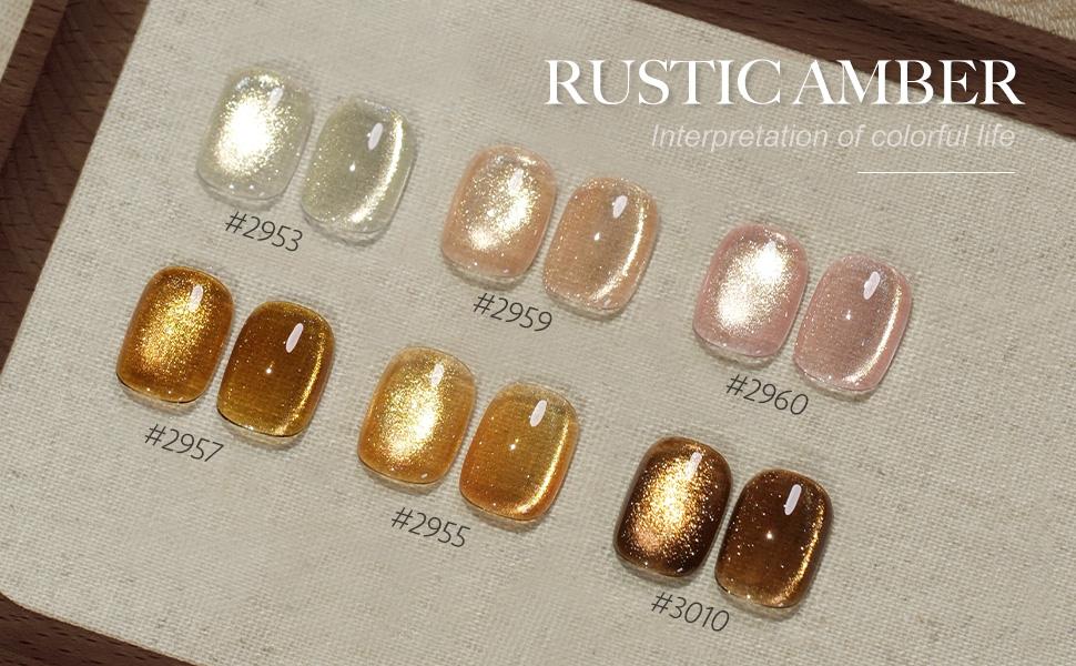 GAOY Rustic Amber Cat Eye Gel Nail Polish Set with Magnet for Sparkling Maillard Effect, Caramel Amber Glitter Nail Art, Long Lasting Gel for Home & Salon Manicure