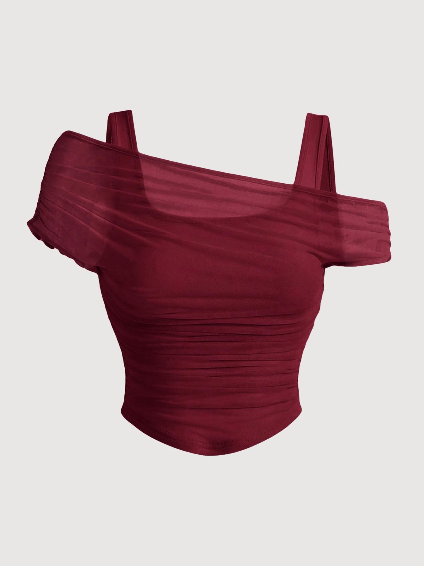 Women's Asymmetric Neckline Ruched Crop Top - Trendy Mesh Blouse for Club, Date Night & Vacation Women's Asymmetric Neckline Ruched Crop Top - Trendy Mesh Blouse for Club, Date Night & Vacation