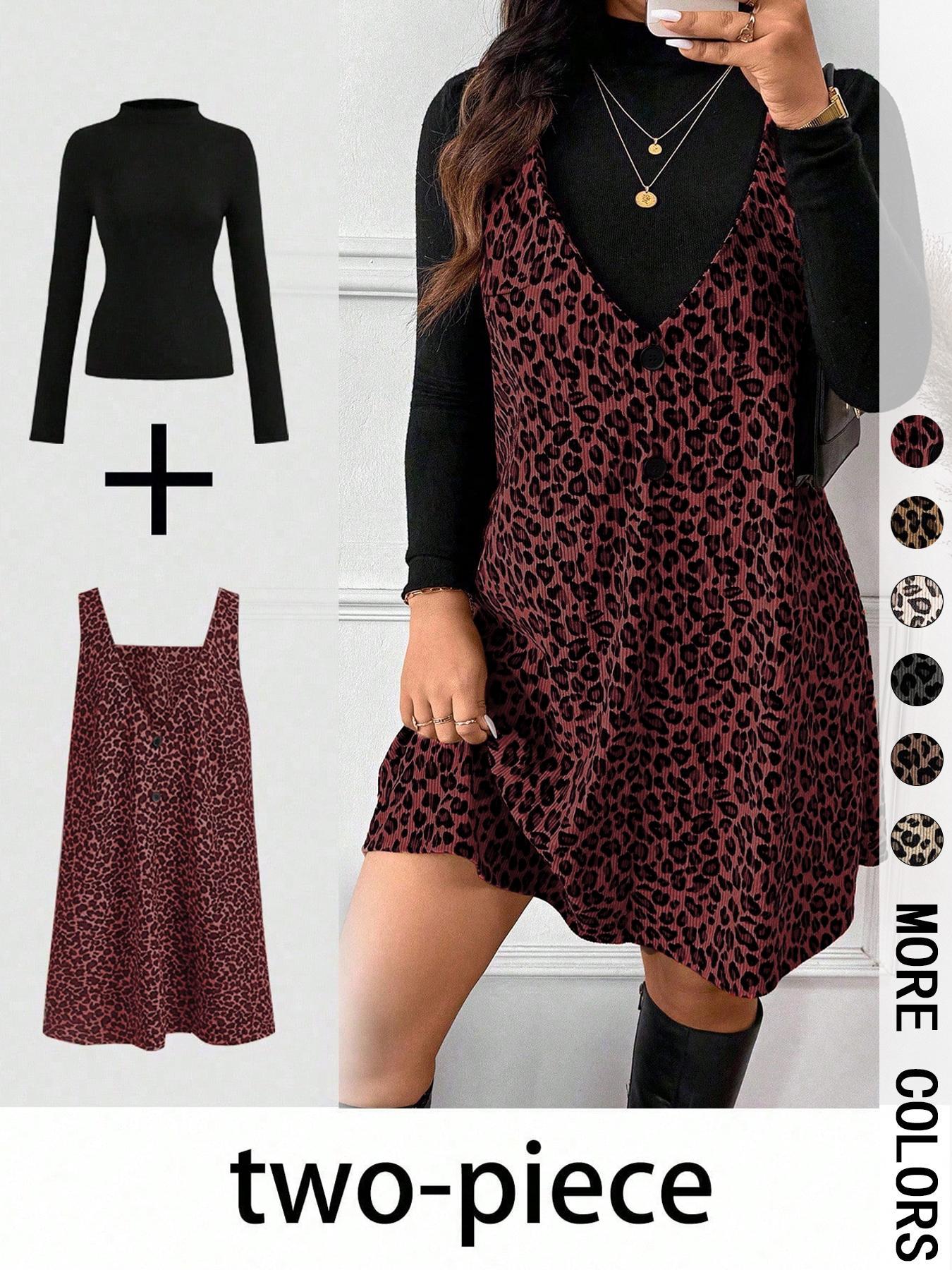 Women's High Neck Inner Layer + Leopard Print Strap Skirt Set, Casual Daily Spring Autumn Commuter, Two-Piece Ensemble Outfit