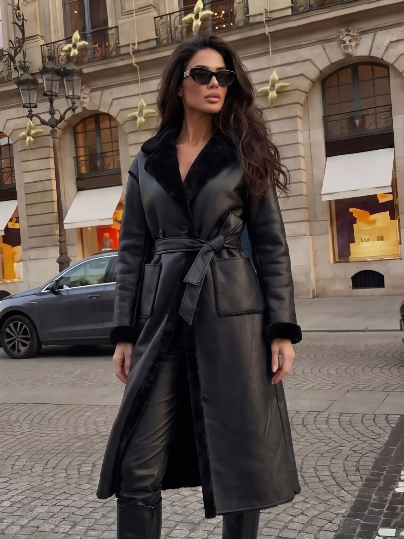 Women's Long Faux Leather Coat, Fleece Lined Lapel Belted Trench Jacket, Winter Warm Windproof Outerwear, Stylish and Comfortable