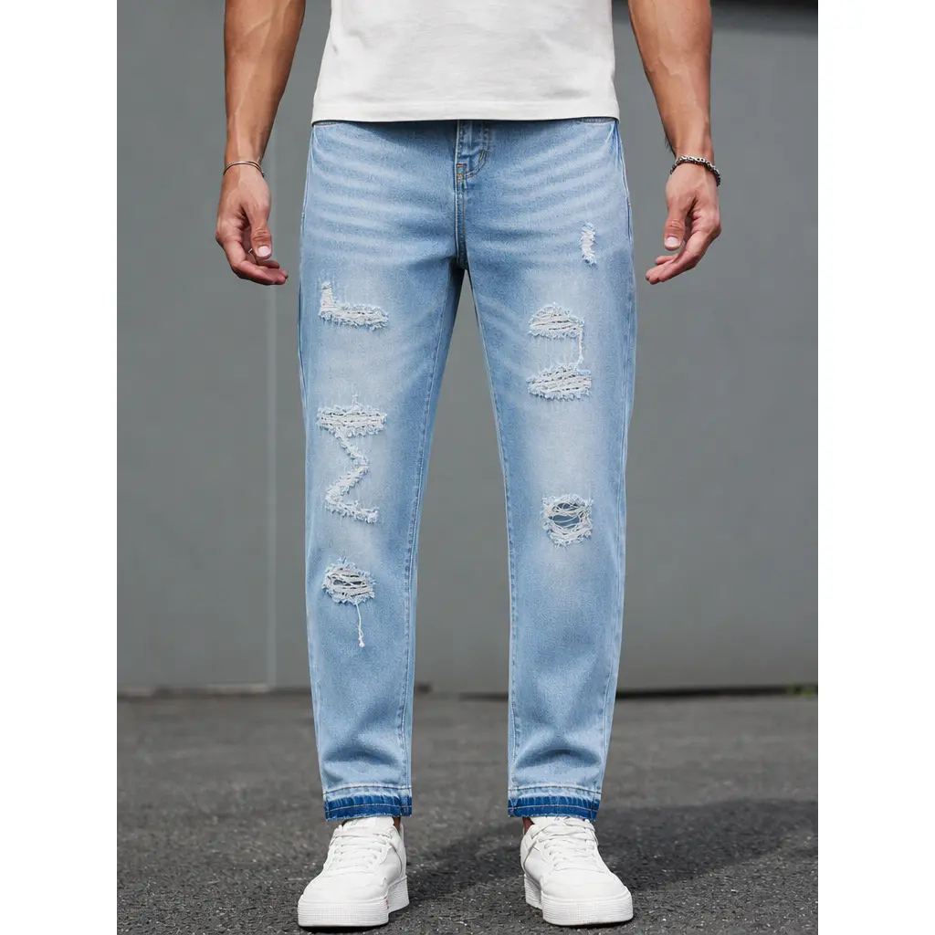 Men's Light Blue Distressed Jeans, Casual Slim Fit Tapered Denim Pants with Ripped Details and Vintage Washed Design, Classic Streetwear Fashion Trousers for Everyday Wear, Weekend Outfits and Travel