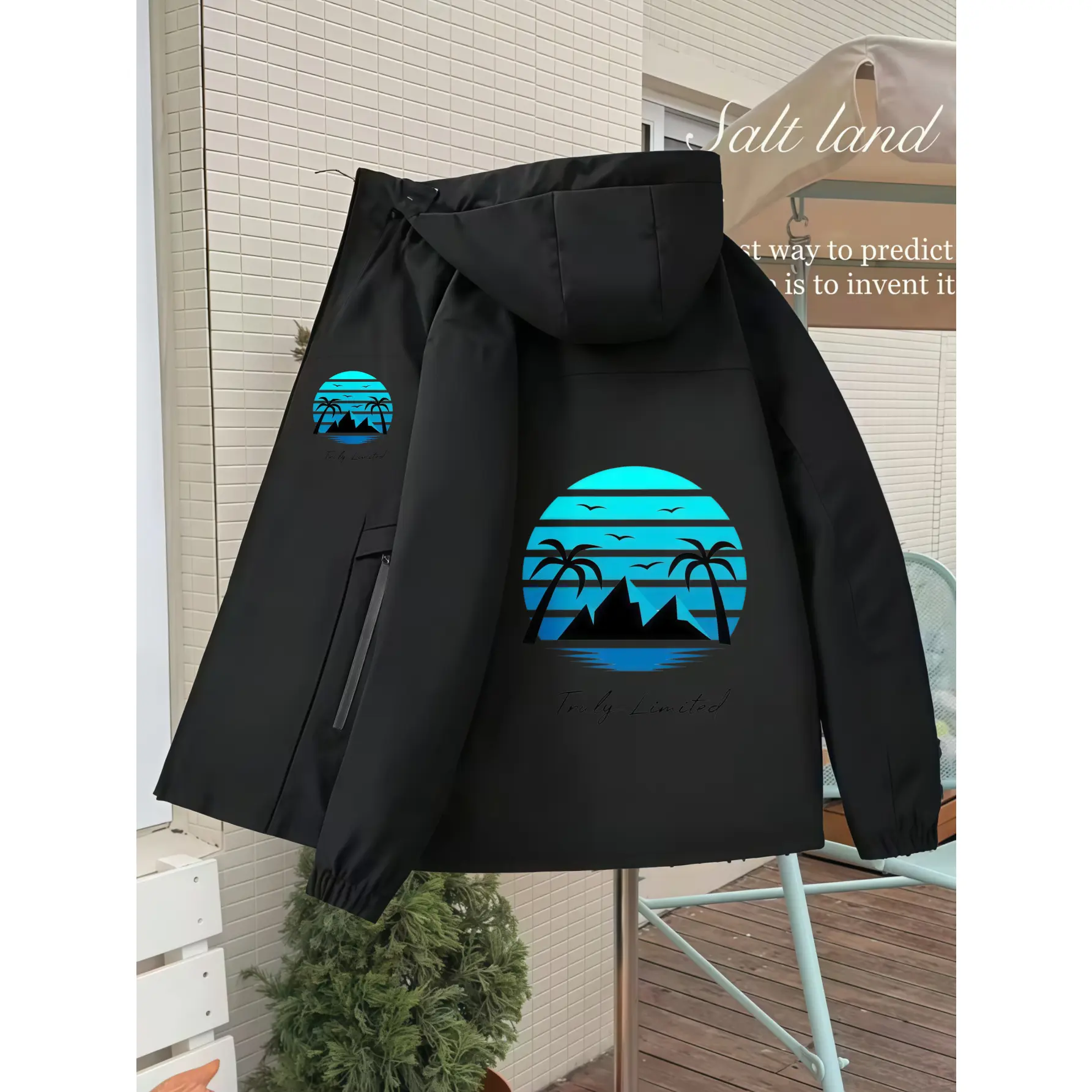 Outdoor Windbreaker, Unisex Hooded Hard Shell Jacket, Tropical Sunset Palm Tree Print, Beach Camping Hiking, Spring Autumn 230g