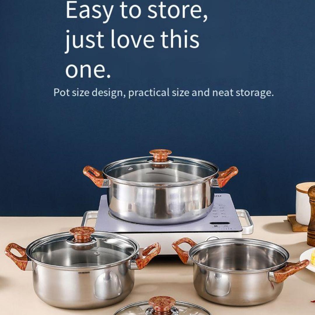 6pc Stainless Steel Multi-Function Cookware Set, Durable Easy Clean Non-Stick Pot, Soup Pot, Milk Pot, Fry Pan, Water Kettle Suitable for restaurant and home kitchens