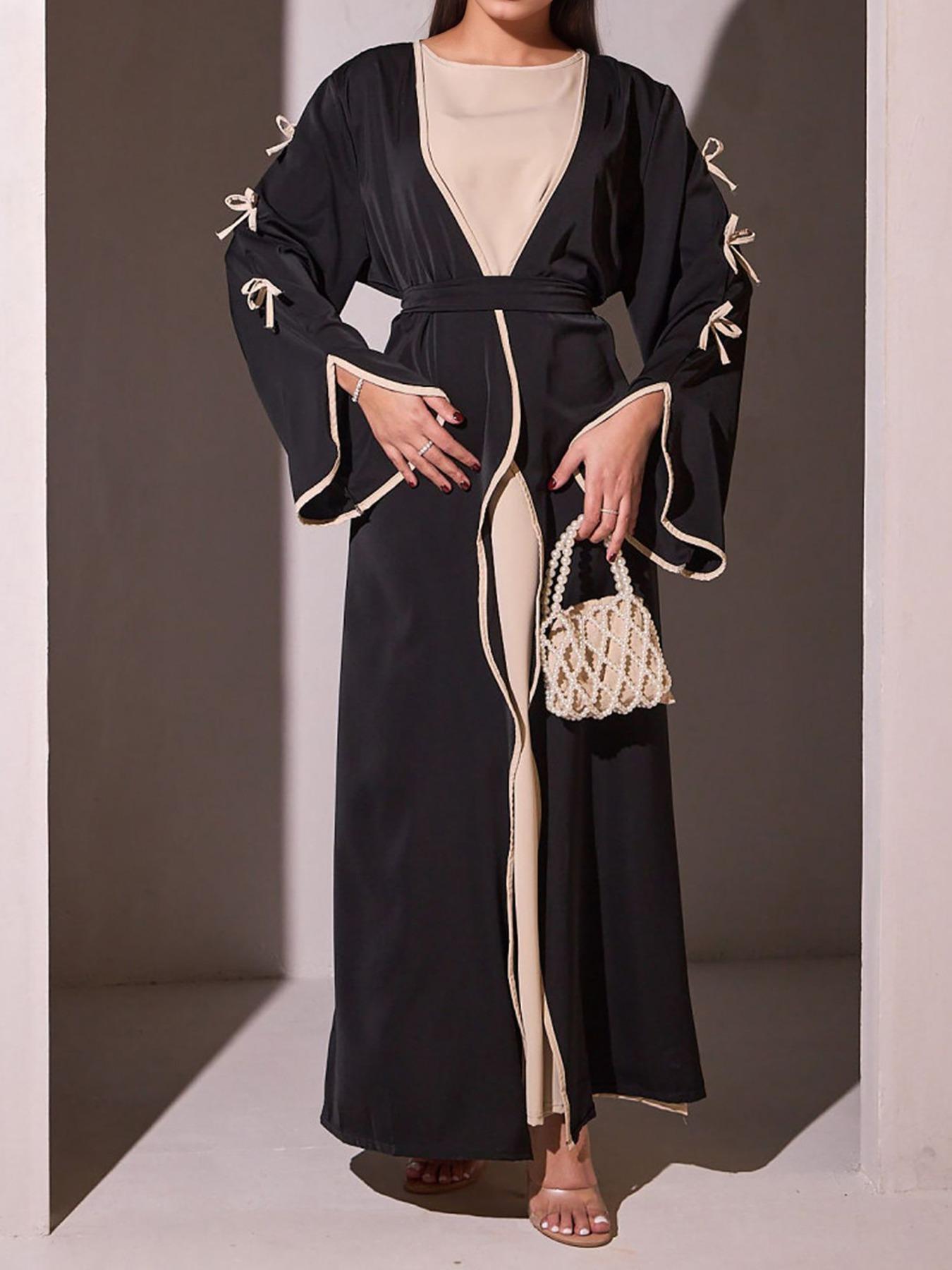 Women's Islamic Clothing Plus Size Dresses, muslims open abayas  Elegant Bow Design Bow Accent Long Dress, Soft Comfortable Casual Outerwear with Waist Belt Included, Spring & Fall Fashion