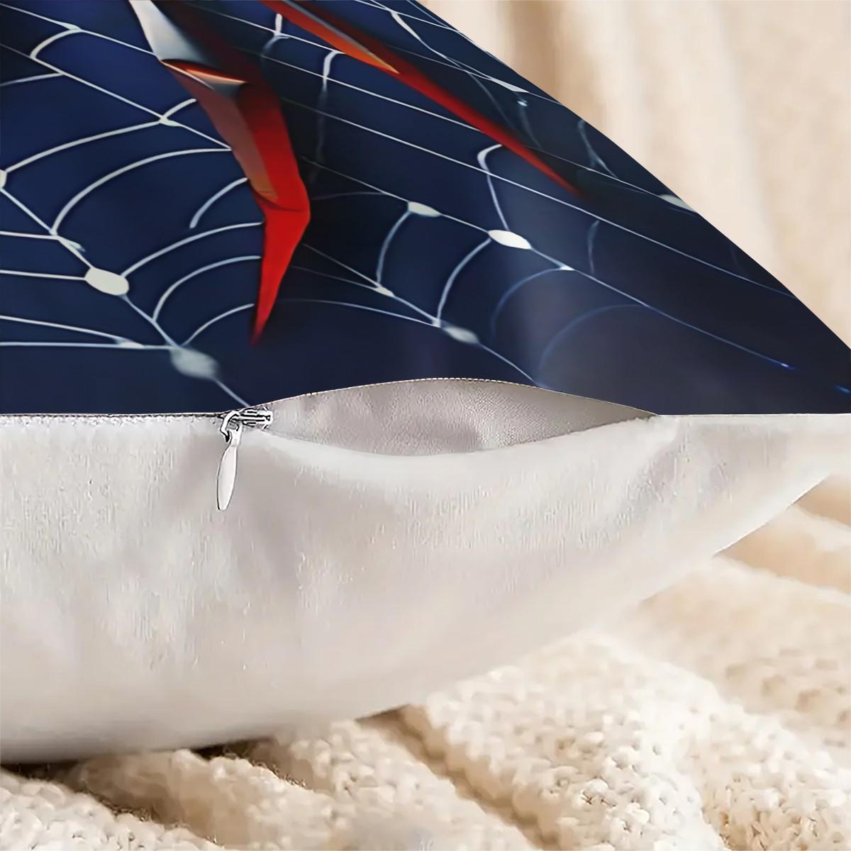 Large Spider Pattern Digitally Printed Throw Pillow (With Insert), 45cm Square Pillow, Featuring a Blue Sphere and Red Shield Design, Suitable for Sofas and Bedrooms, Eye-Catching and a Unique Cushion for Spider Enthusiasts.