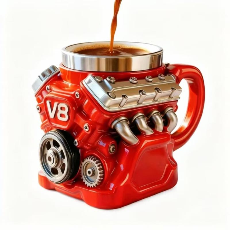 V8 Engine Stainless Steel Coffee Cup, 3D Mechanical Design Dual Layer Insulated Mug with Handle, Vintage Car Gift for Car Enthusiasts