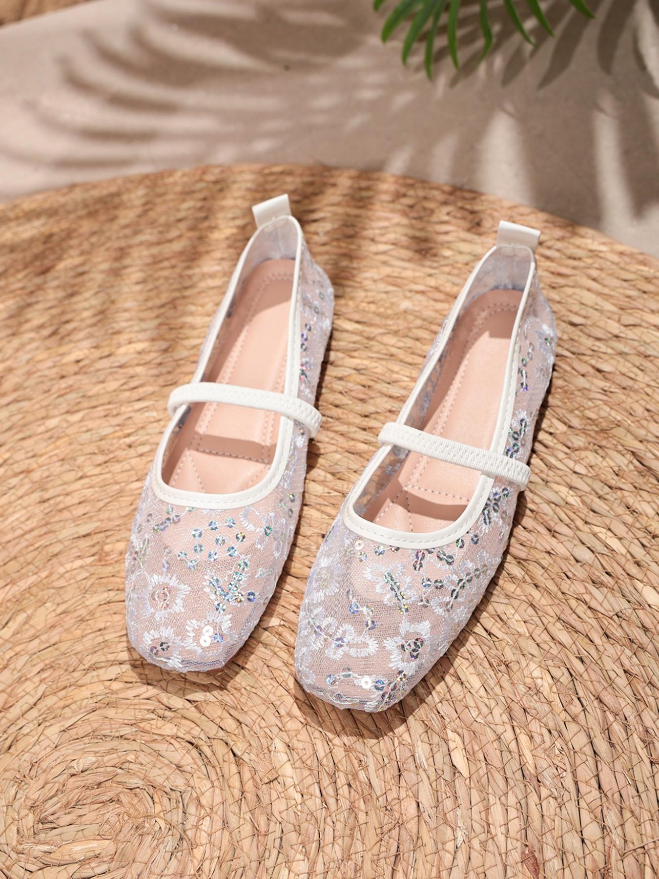 New Mesh Sequin Mary Jane Shoes for Women, Breathable Square Toe Slip-On Casual Flat Sandals Footwear, Comfortable & Non-Slip Design