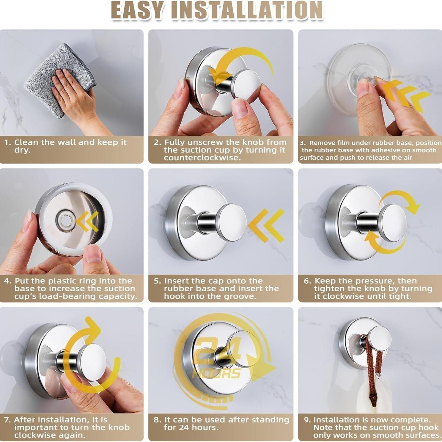 6 Pcs Heavy-Duty Vacuum Suction Cup Hooks, Stainless Steel, Waterproof & Rust-Proof, Bathroom Organizer, Easy Installation