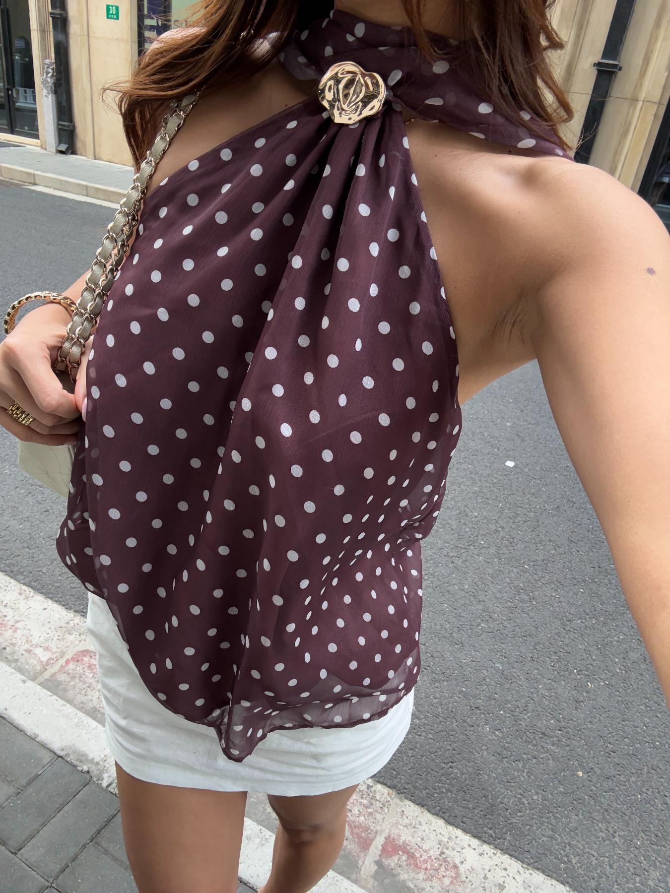 Polka Dot Neck Scarf Top for Women Backless Satin Blouse Elegant