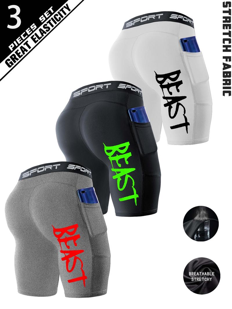 3 Pack BEAST Printed Men's Compression Shorts – Breathable Quick-Dry Workout Shorts with Pocket, Stretch Fit for Gym, Running, Basketball & Sports Training, Breathable Fitness Shorts