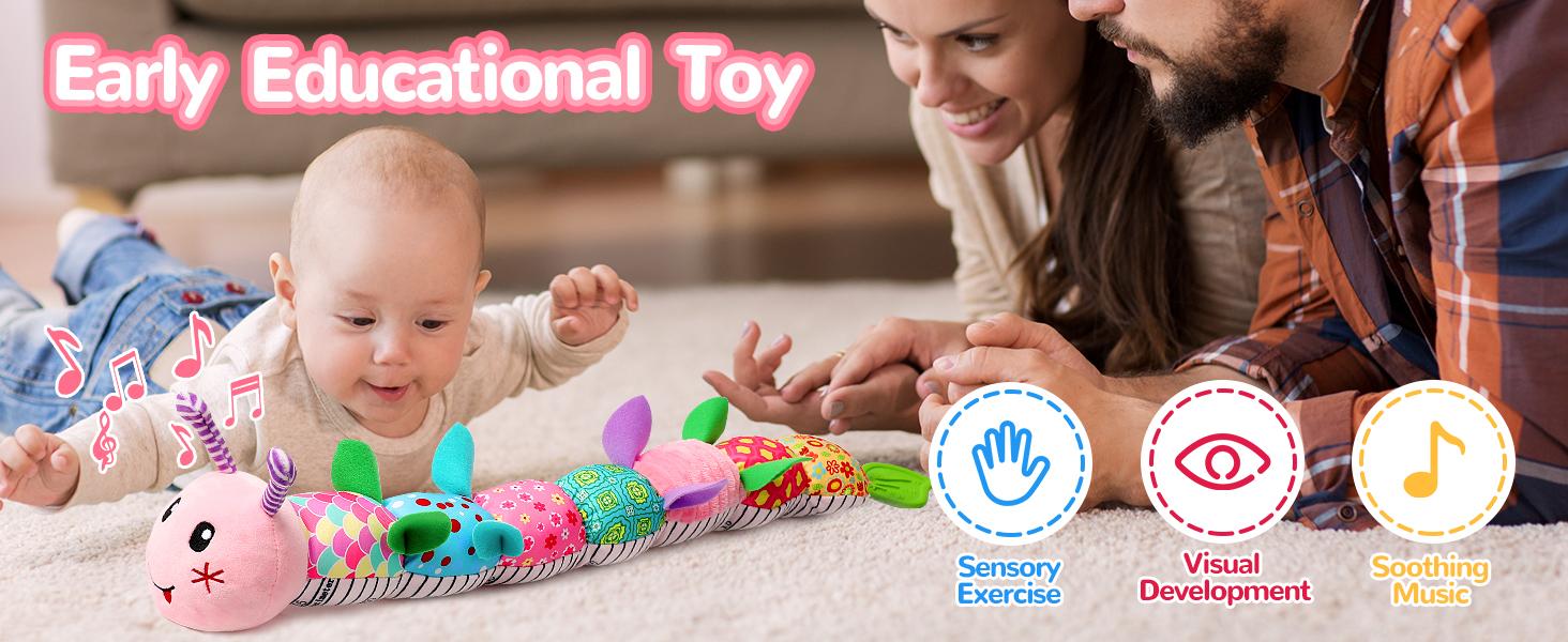 Newborn Baby Girl Gift Toys ,Infant Tummy Time Toys,Musical Stuffed Animal with Multi-Sensory Crinkle, Rattle and Textures,Baby Boy Girl Gifts,Pink Caterpillar Cute