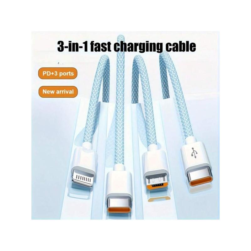 Typec 3-in-1 USB Cable, Super Fast Charging, Pd & USB-C to Type-C Cord, Car Charging Cable for Iphone16/15/14/13, Braided Fast Charge Data Cable Type-C to Lightning & Android Pd Interface Fast Charging Function