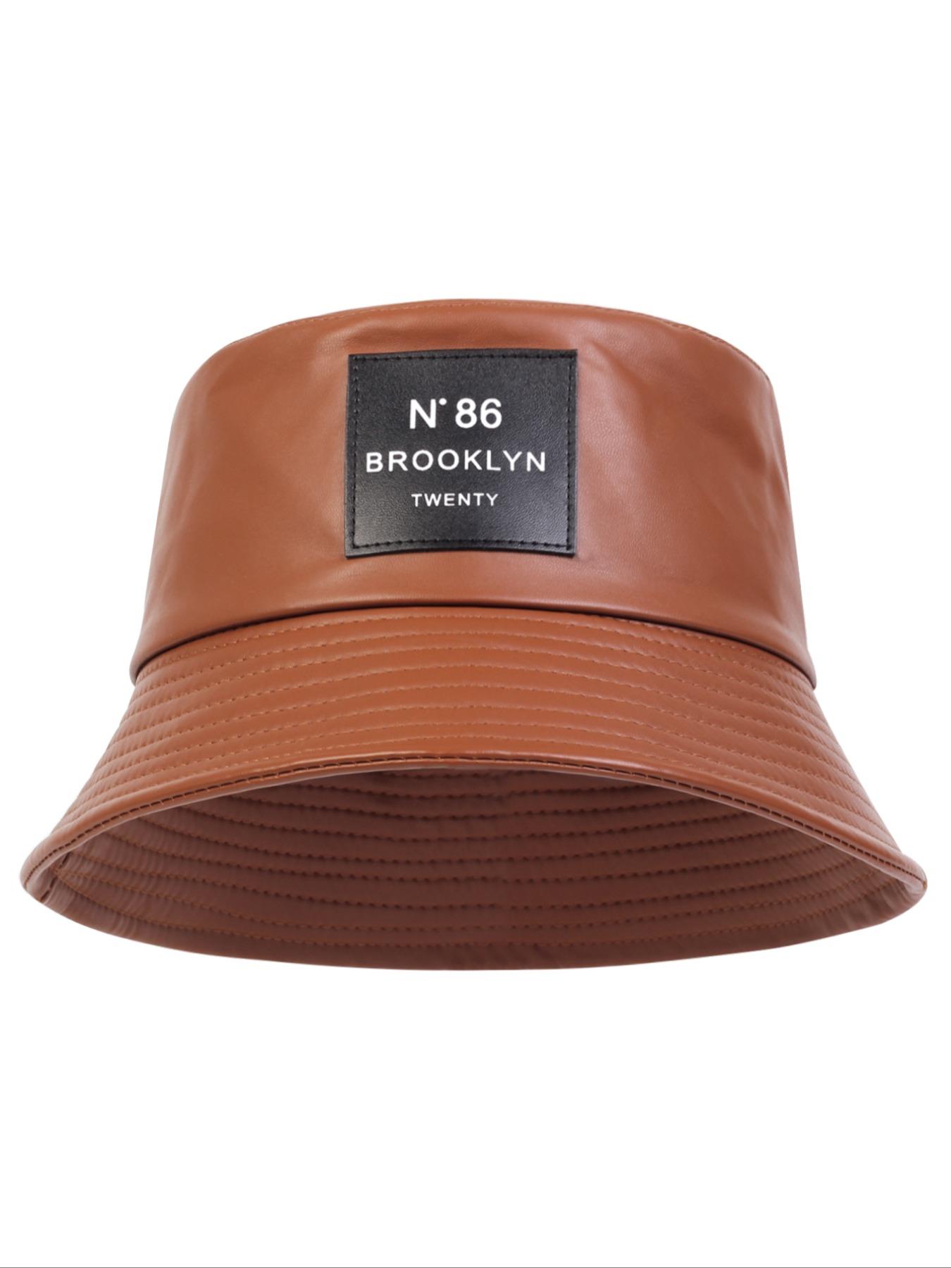 Minimalist Letter Patch Decor PU Leather Bucket Hat, Outdoor Sun Protection Fisherman Hat, Summer Beach Hat For Men & Women