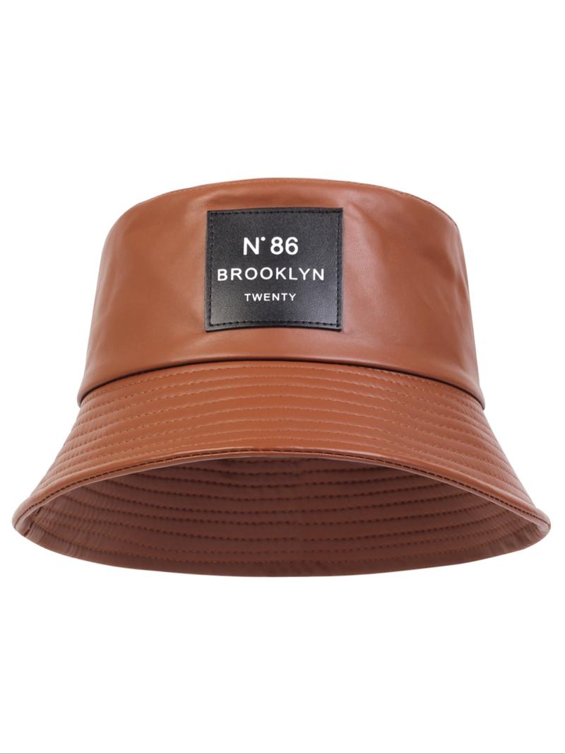 Minimalist Letter Patch Decor PU Leather Bucket Hat, Outdoor Sun Protection Fisherman Hat, Summer Beach Hat For Men & Women