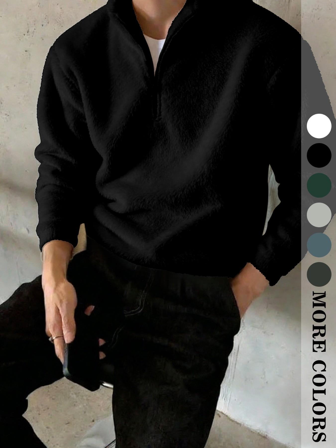 Men's Quarter Zip Fleece Pullover Sweatshirt, Solid Color Plain Long Sleeve, Casual Style, Perfect for Daily Wear and Outdoor Activities