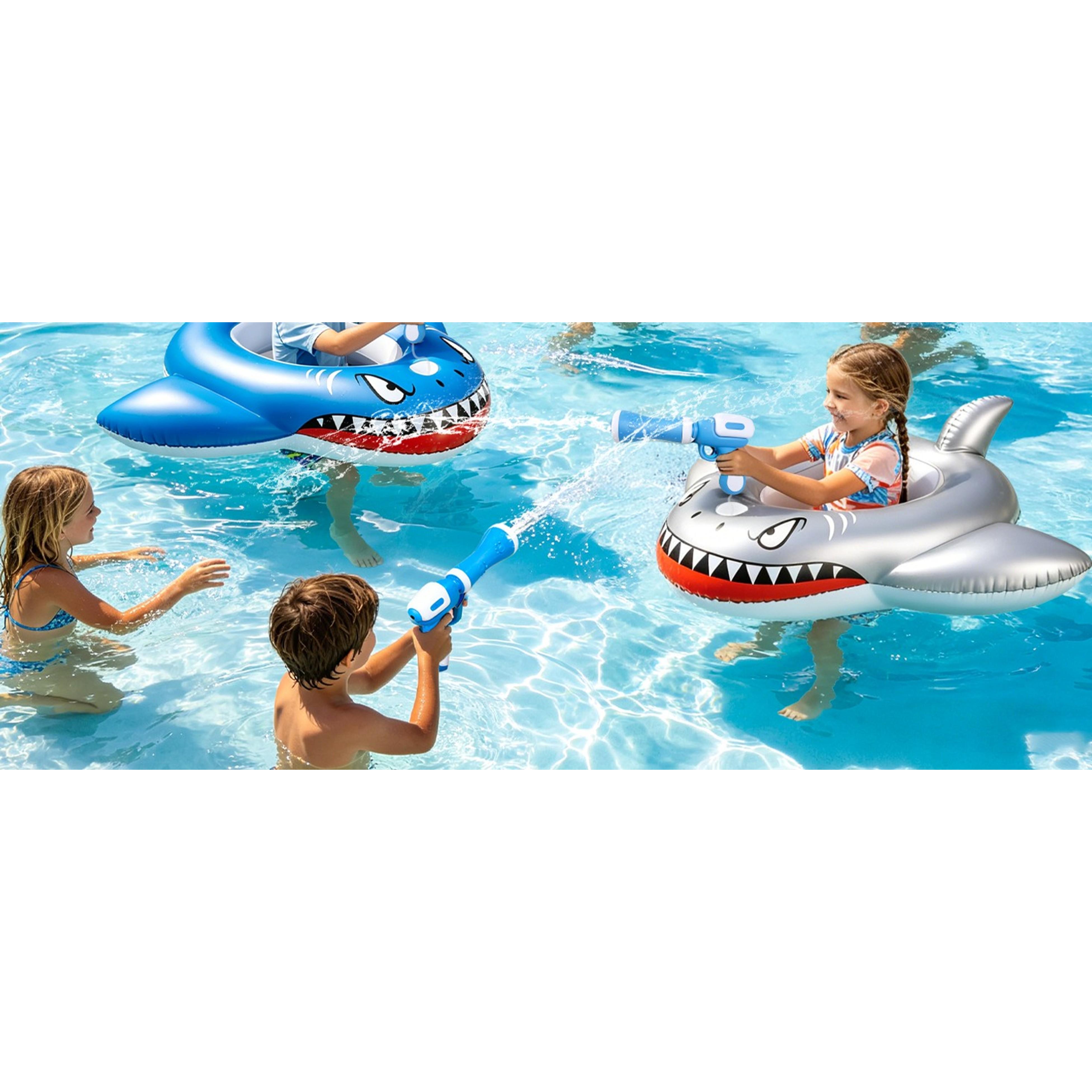 2 Pack Inflatable Shark Pool Floats for Kids 3-11 - Toddler Floatie with Safety Seat, 2 Water Squirt Guns, Ride-On Toy, Summer Outdoor Water Game