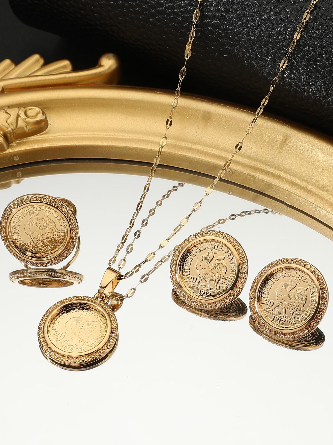 Vintage Turkish Gold Coin Jewelry Set, 18k Gold Plated Rhinestone Necklace Earrings Ring Trio, Casual Stainless Steel Accessories