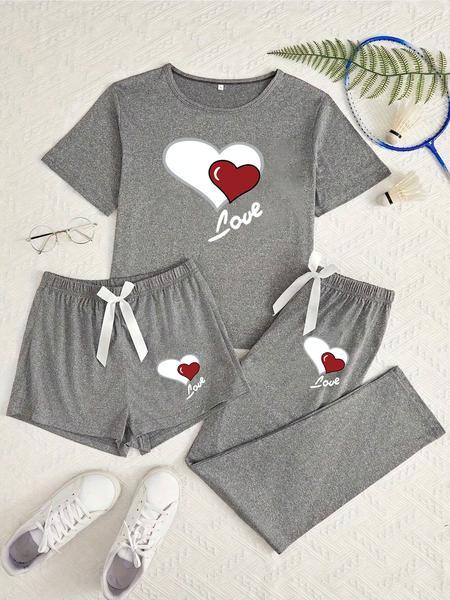 Women's Heart Print Pajama Set, Casual Fitted Sleepwear, All-Season Comfortable Nightwear, Three-Piece for Women, Loungewear