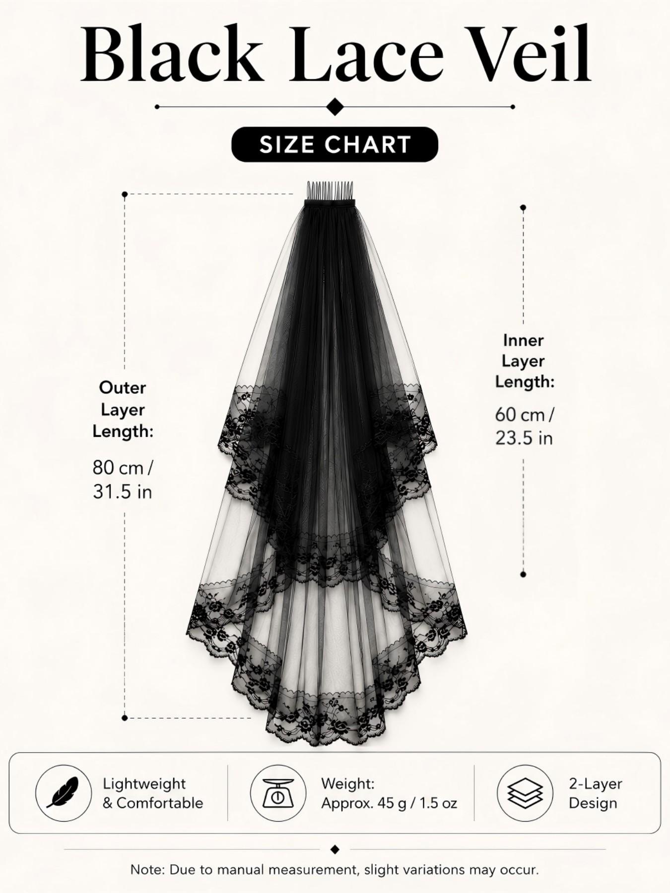 Gothic 2-Layer Tulle Wedding Veils with Floral Lace Edge & Comb, Classic Black Bridal Headwear, Perfect for Halloween Party, Cosplay Outfit, Dark Wedding and Spooky Themed Events