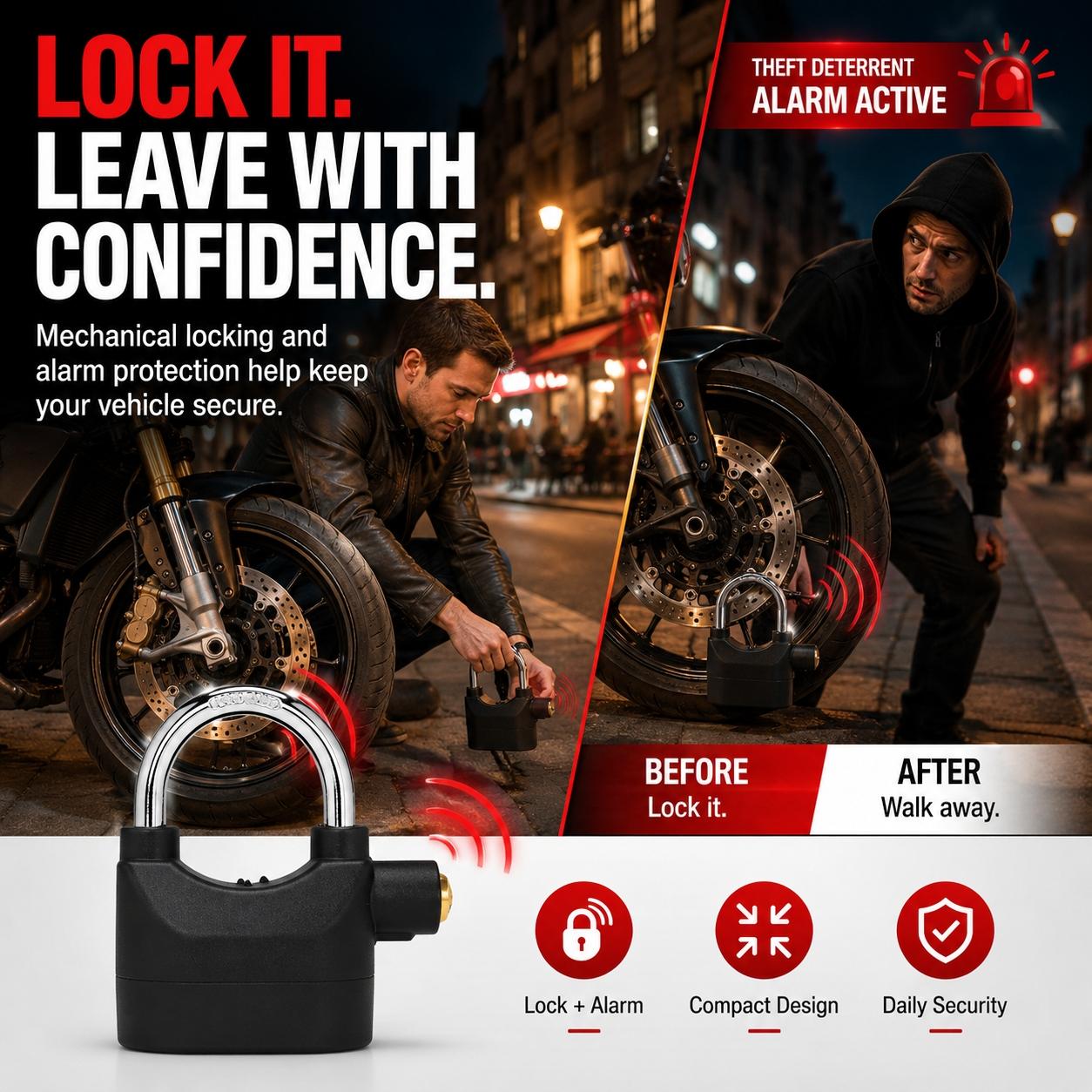 110dB Loud Alarm Padlock with 3 Keys, Outdoor Stainless Steel Door Lock, High-Security Hanging Lock for Garage Doors, Fence Gates, Tool Boxes and Storage Units