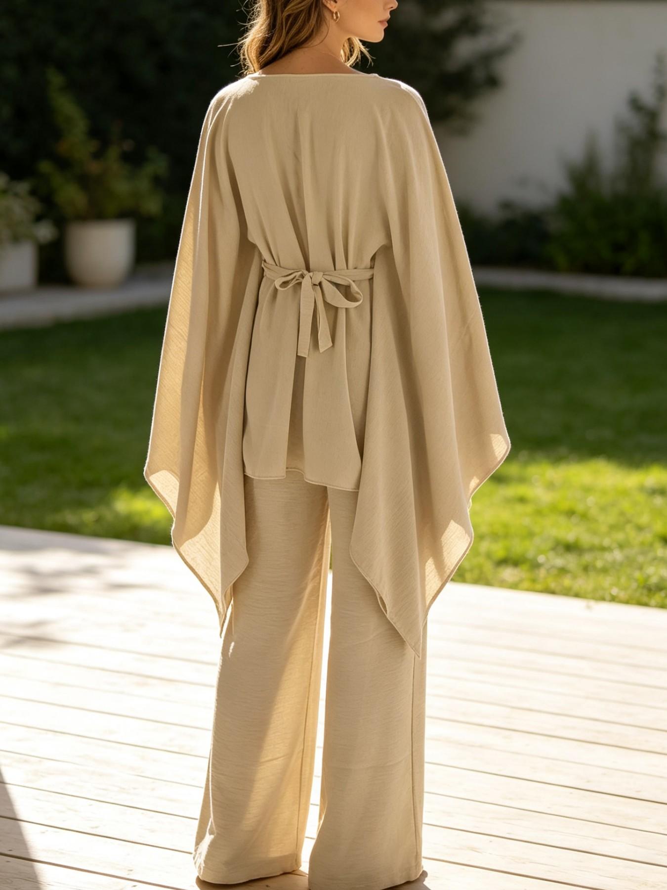 Women's 2-Piece Wide Leg Pants Set, Lightweight Soft Fabric, Casual Cape-Style Loose Top + High-Waisted Pants, Summer Fashion
