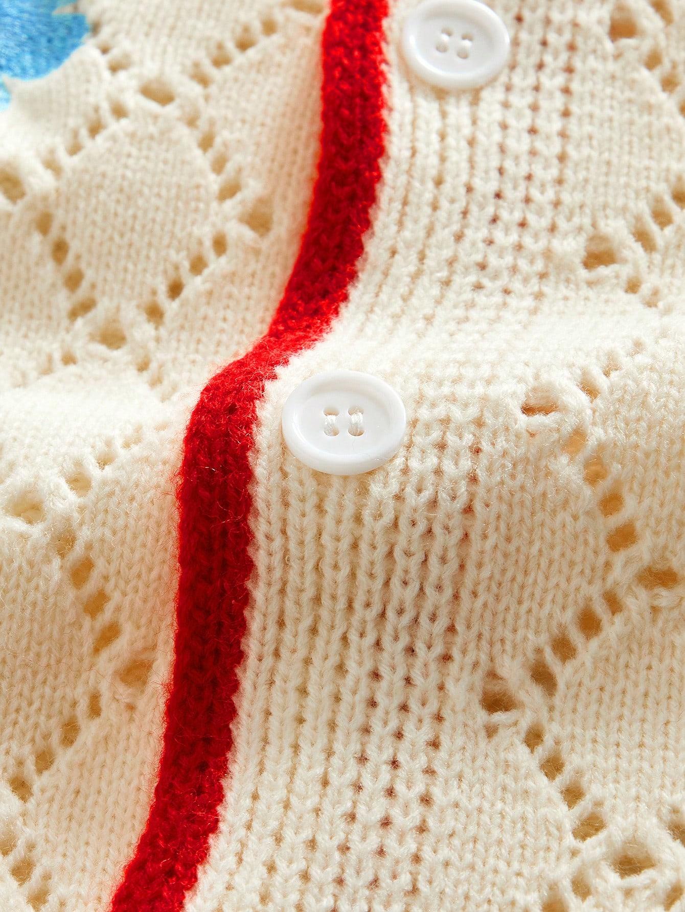 Men's Knitted Short Sleeve Cardigan, Color Block Edges & Floral Embroidery Design, Casual Hollow Out Style, Y2K Fashion for Daily Wear