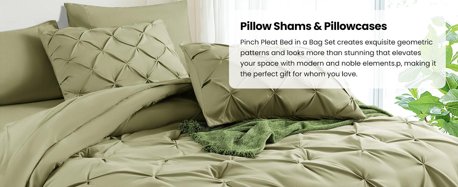 Sonoro Kate 7PCS Elegant Comforter Set – Sage green Pintuck All-Season Bedding with Soft Sheets, Pillowcases,Comforter and Decorative Shams
