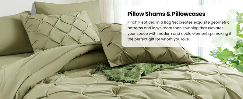 Sonoro Kate 7PCS Elegant Comforter Set – Sage green Pintuck All-Season Bedding with Soft Sheets, Pillowcases,Comforter and Decorative Shams