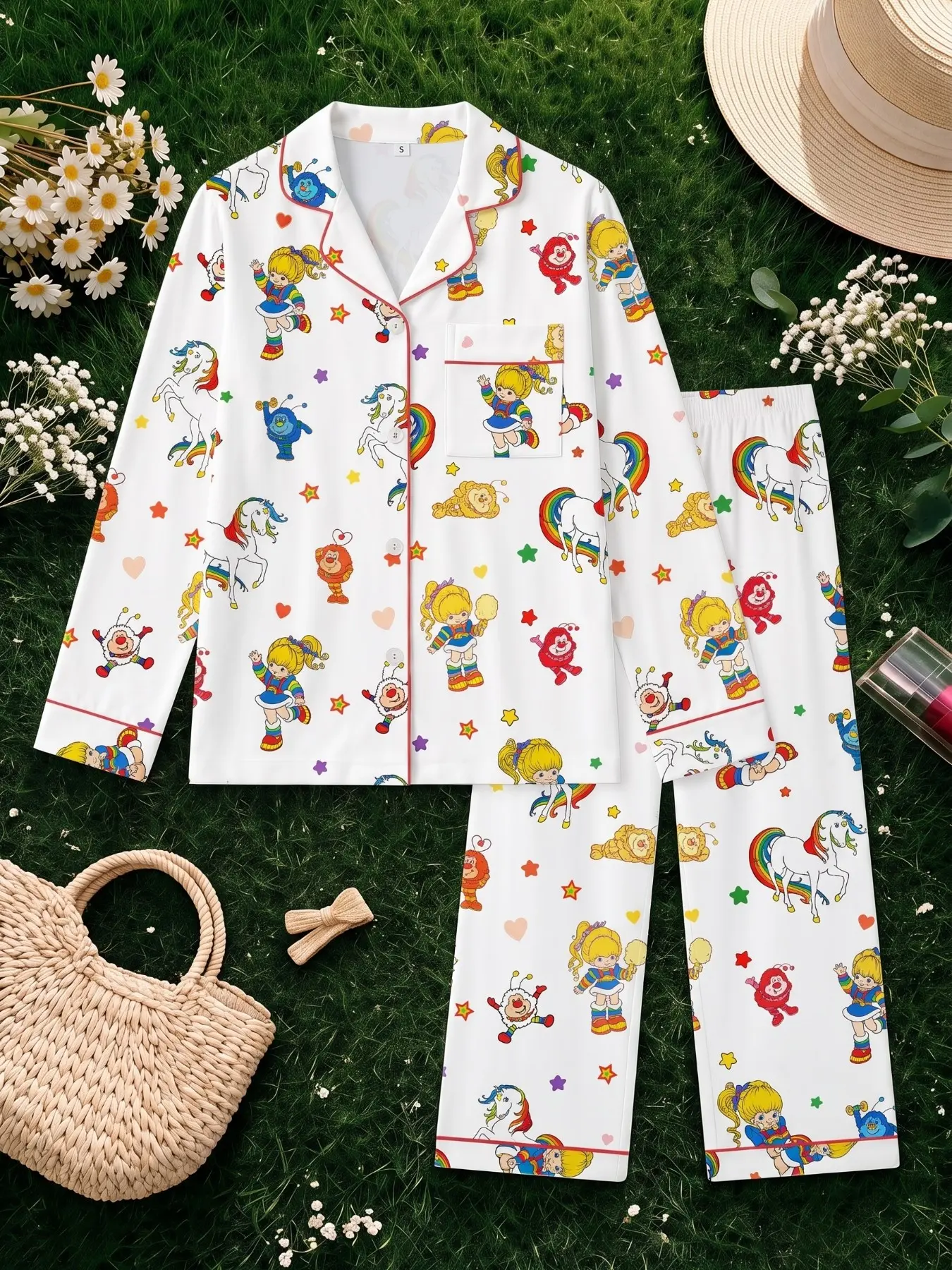 Women's Long Sleeve Pajama Set, Nightwear, Soft Comfortable Fabric, Fashion Casual Rainbow Print, Loose Fit Floor Length, Spring Fall Home Wear