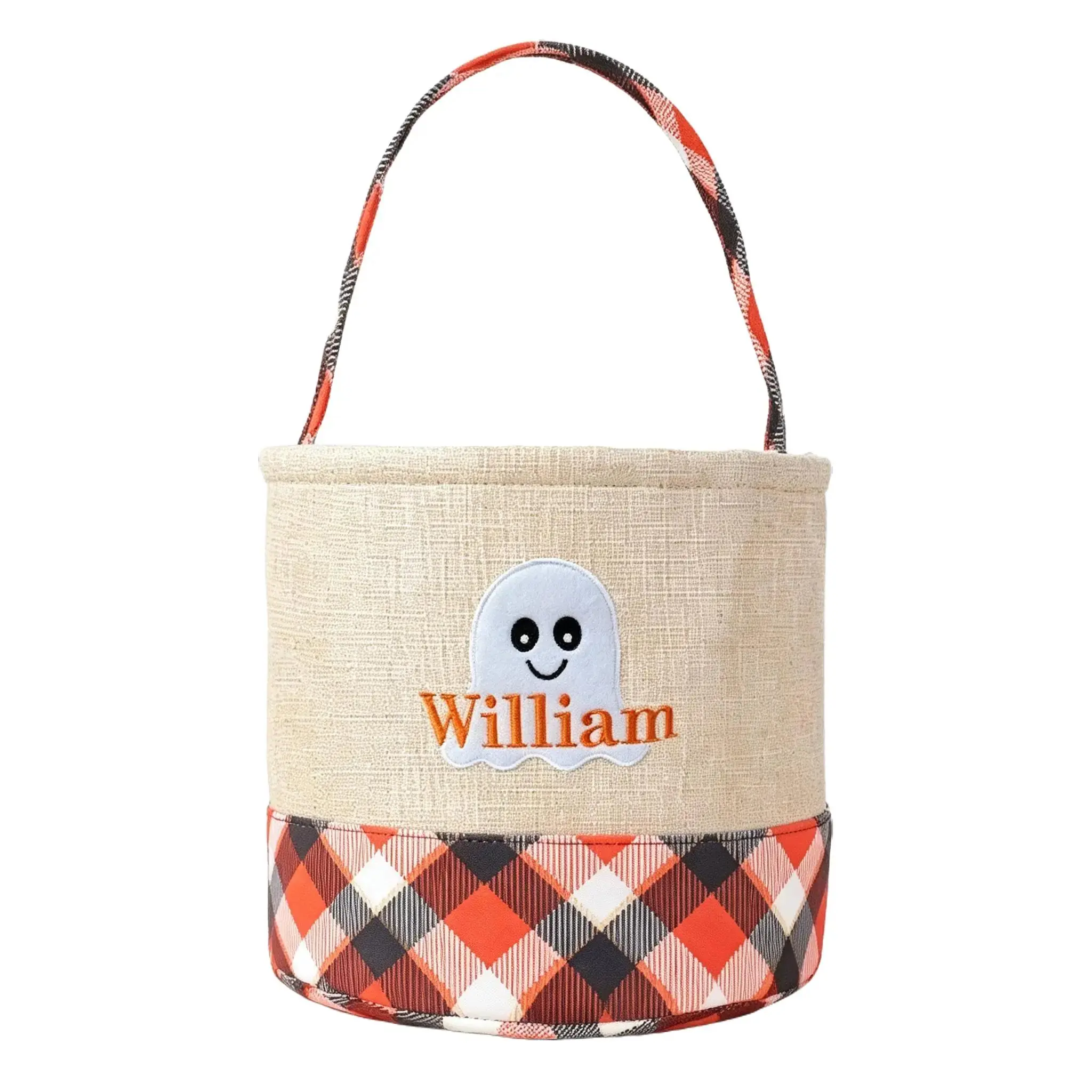 Personalized Name Halloween Ghost Bucket, Linen Plaid Trick or Treat Handheld Basket, Kids Candy Carry Bag, Indoor Outdoor Halloween Party Decor, 2 Colors Custom Embroidery Available