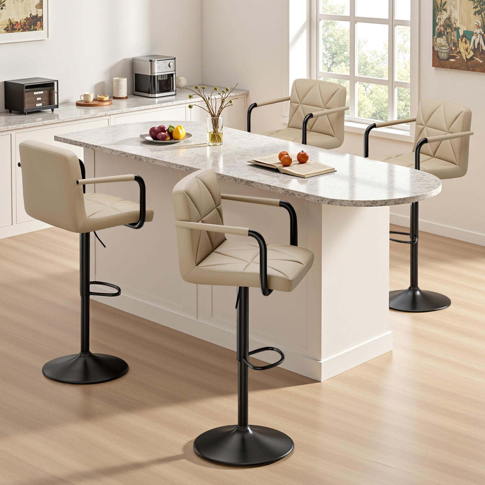Set of 2 Barstools, Adjustable Height 25.5-34.5 IN with Back & Arms, Swivel PU Leather Upholstered Counter Height Bar Chairs