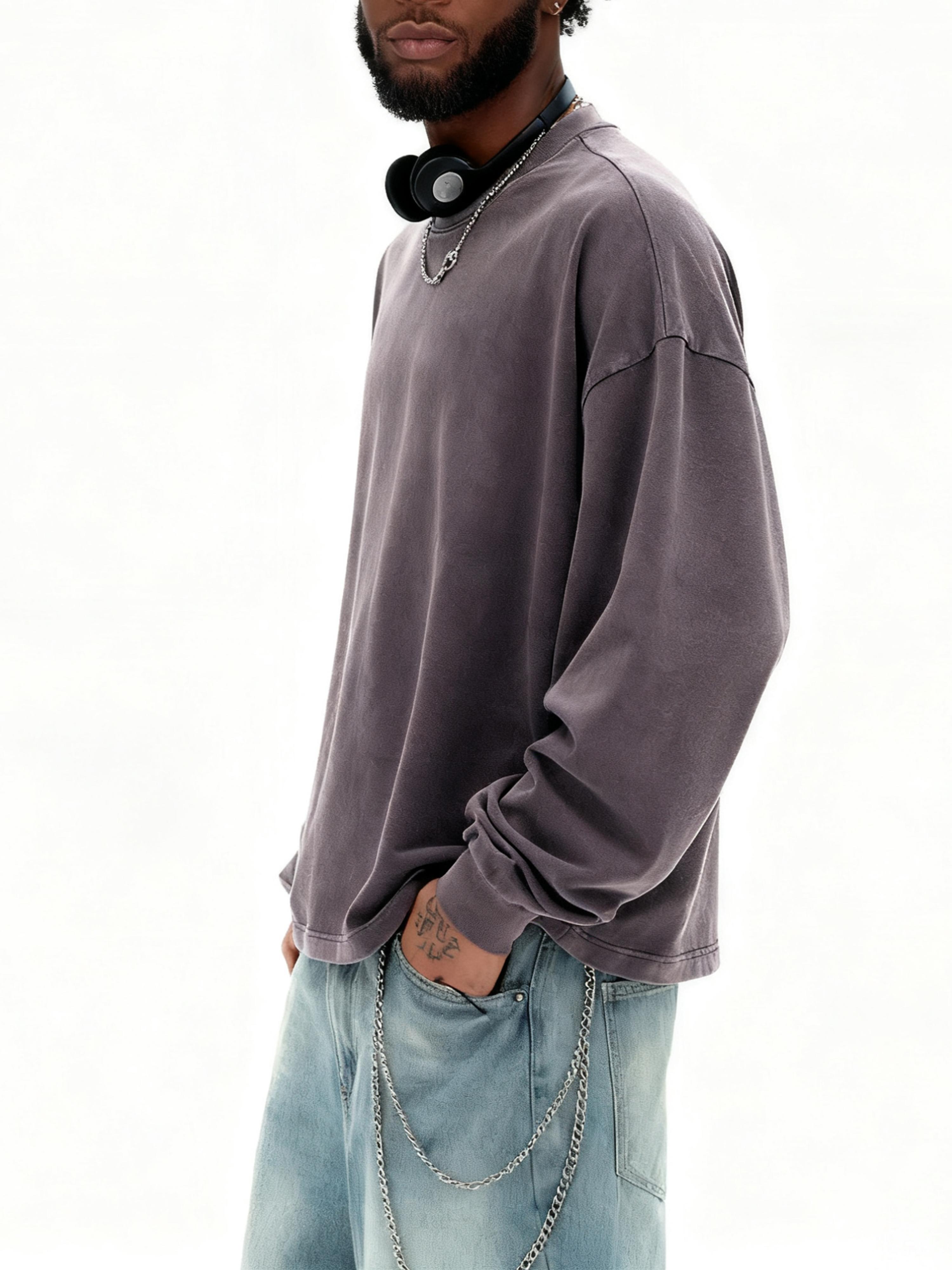 Inflation 100% Cotton 270g Cropped Boxy Fit Washed Oversize Streetwear Long Sleeve T-Shirt Autumn New American Vintage Washed Cotton Tee Short Menswear Top Tshirt Round Neck Crewneck Casual Bestie Operator Beige Plain