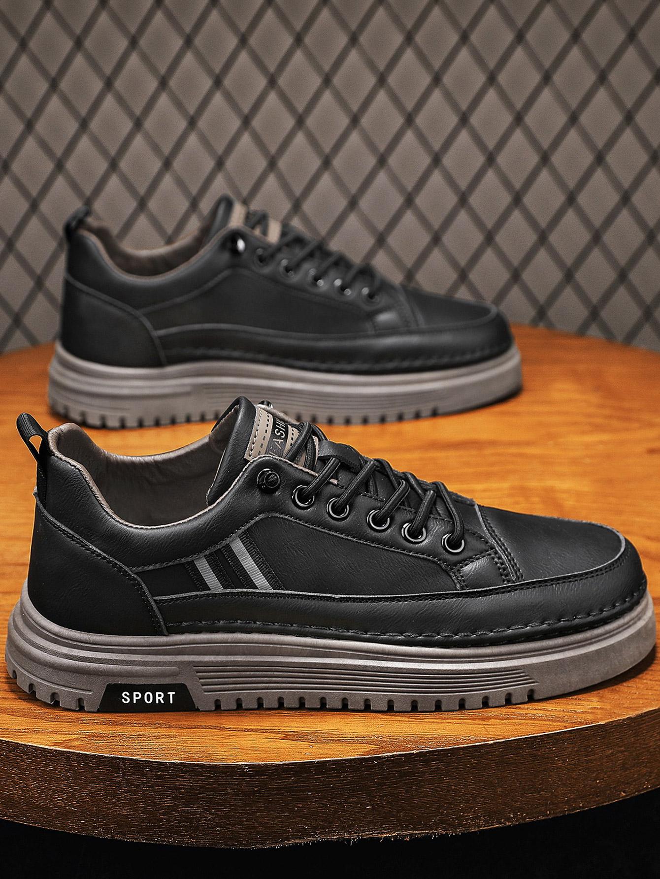 Men's Summer Thick Sole Sneakers, Simple Striped Casual Board Shoes, Soft Leather Breathable Lightweight, Height Boosting Slim Fit, Versatile Daily Wear