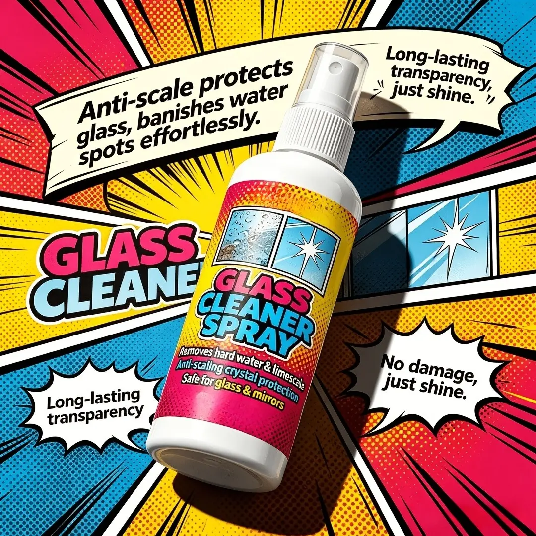 Glass cleaning spray bottle, suitable for shower glass, car windshield, mirror, glass table, wine glass. Crystal clear, removes hard water stains and scale, creates a seamless luster, and leaves no residue in cleaning.