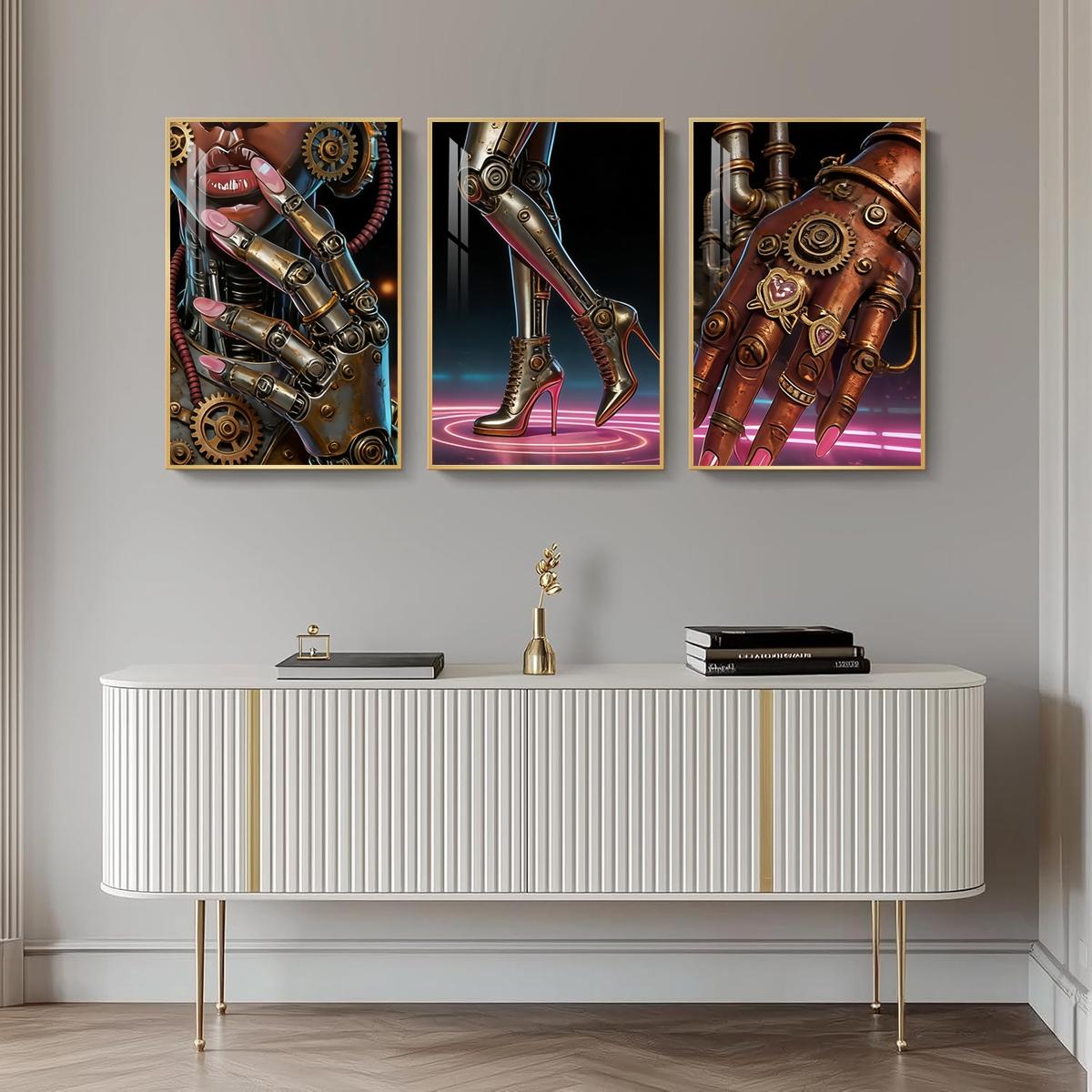 3 Counts Aluminum Alloy Framed Painting, Futuristic Cyberpunk Robot Art Pictures, Home Decoration For Living Room, Bedroom, Office, Restaurant, Hallway Wall Decor, Odorless Print Artwork, Luxury Perfect Gift For Friends And Family
