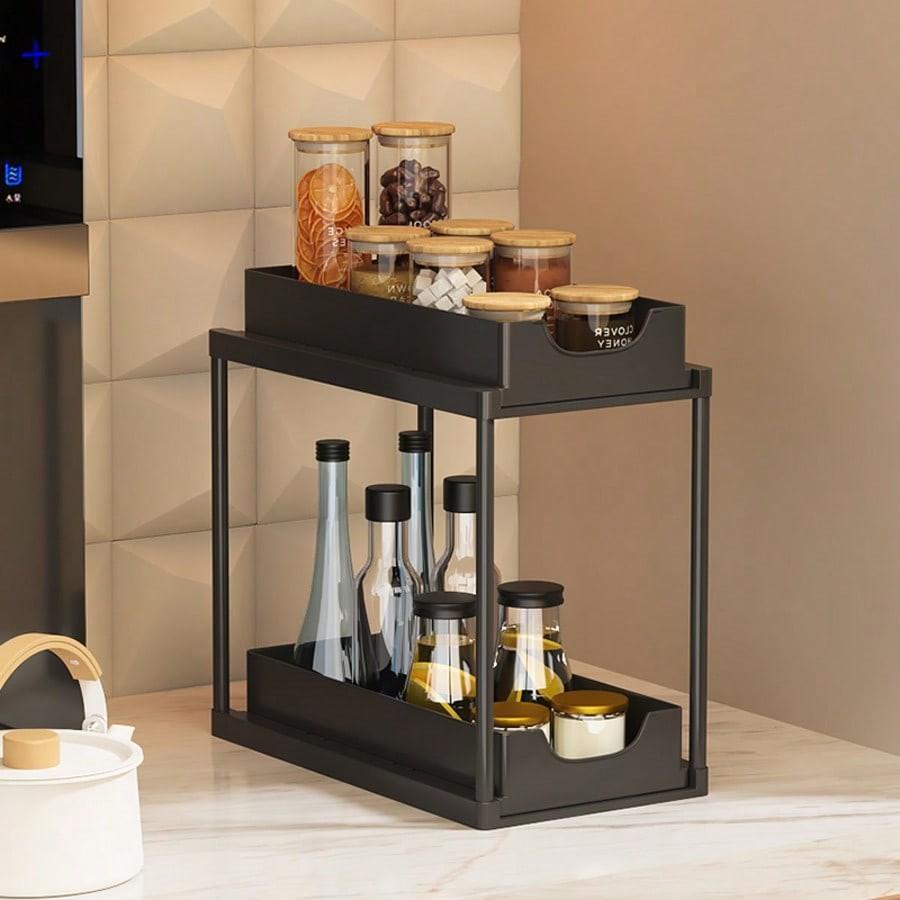 Adjustable Storage Rack, Single and Double Layer Sink Under Cabinet Organizer, Pull-Out Metal Kitchen Bathroom Shelf, Cleaner Supplies Organizer