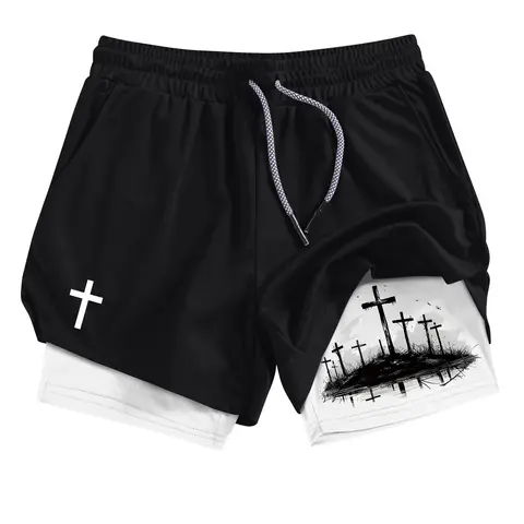 Men's Cross Print 2-in-1 Gym Performance Shorts, Summer Breathable Quick Drying Sporty Shorts, Gym Workout Running Shorts with Phone Pocket Zipper Pocket Towel Loop, Shorts With Pockets