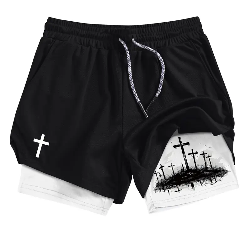 Men's Cross Print 2-in-1 Gym Performance Shorts, Summer Breathable Quick Drying Sporty Shorts, Gym Workout Running Shorts with Phone Pocket Zipper Pocket Towel Loop, Shorts With Pockets