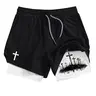 Men's Cross Print 2-in-1 Gym Performance Shorts, Summer Breathable Quick Drying Sporty Shorts, Gym Workout Running Shorts with Phone Pocket Zipper Pocket Towel Loop, Shorts With Pockets