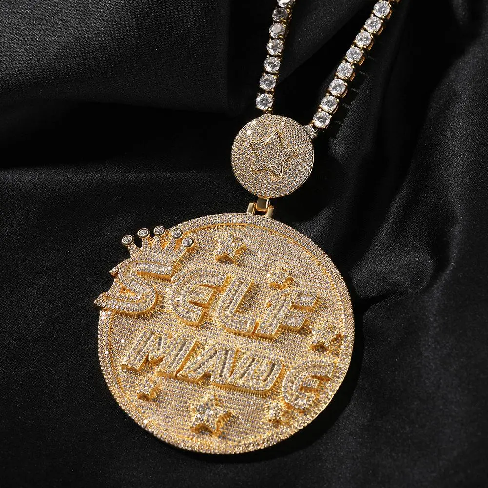 Men's Hip Hop 2-161 Handmade Diamond-Accented Large Disc Letter Charm Pendant Necklace, Casual Wear Metal-Coated Charms & Pendants Trendy Costume Jewelry